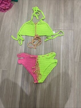 SHEIN Neon Crochet Bikini Set in Lime Green & Hot Pink